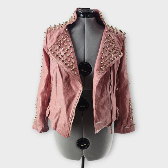 SX Honey Pot Spiked Jacket Womens S Faux Leather Baby Pink Belted Punk Moto NWT - Picture 2 of 10